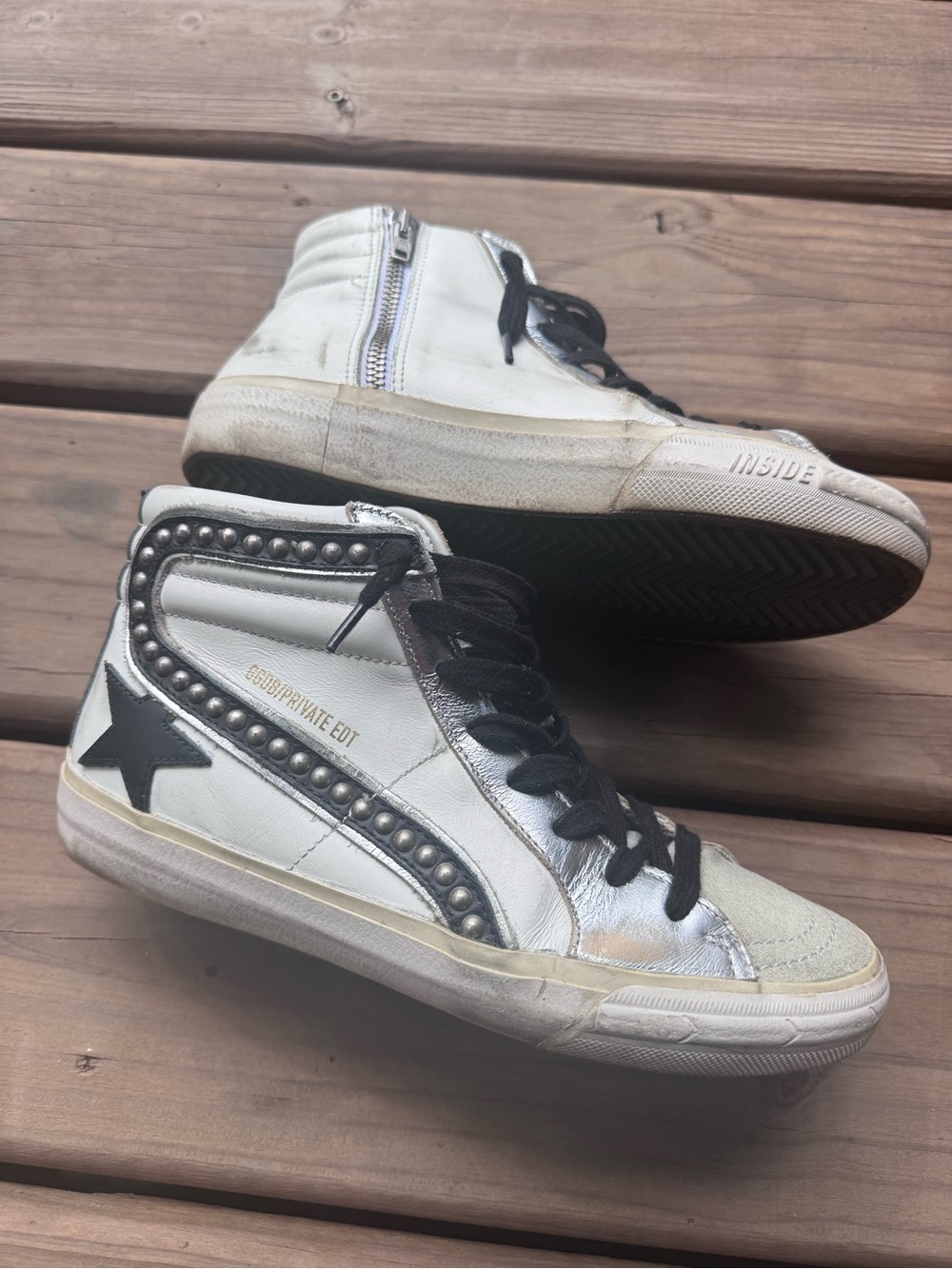 GOLDEN GOOSE Slide Private Edition White Black Studded Leather High Top 36 6